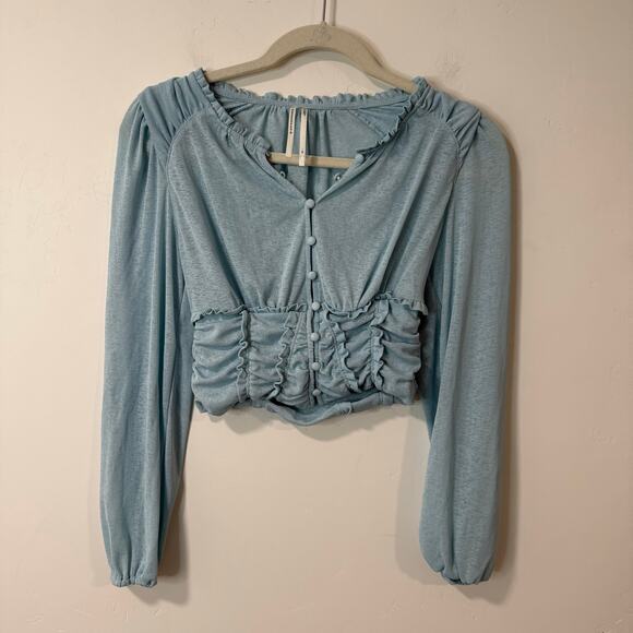 By Anthropologie Women's Corset Femme Blouse Top Long Sleeve Sheer Blue XS - Picture 2 of 8